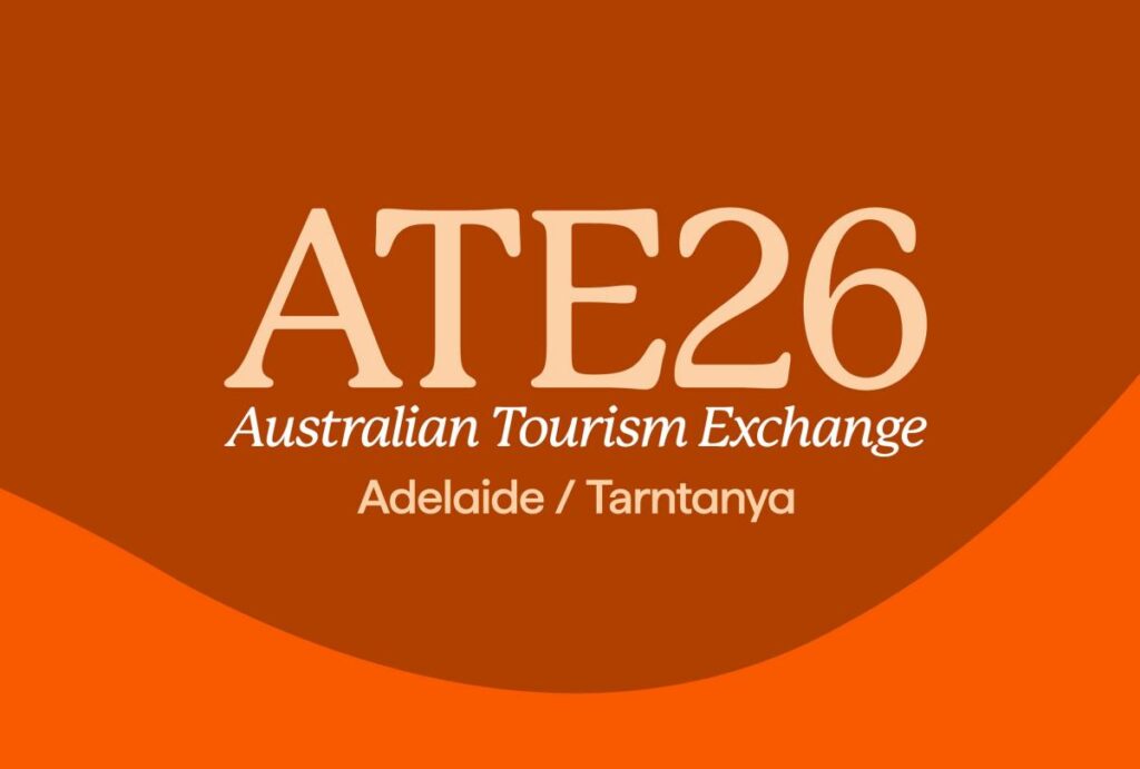 ATE26 Australian Tourism Exchange logo on an orange background, with Adelaide / Tarntanya text underneath the event name.