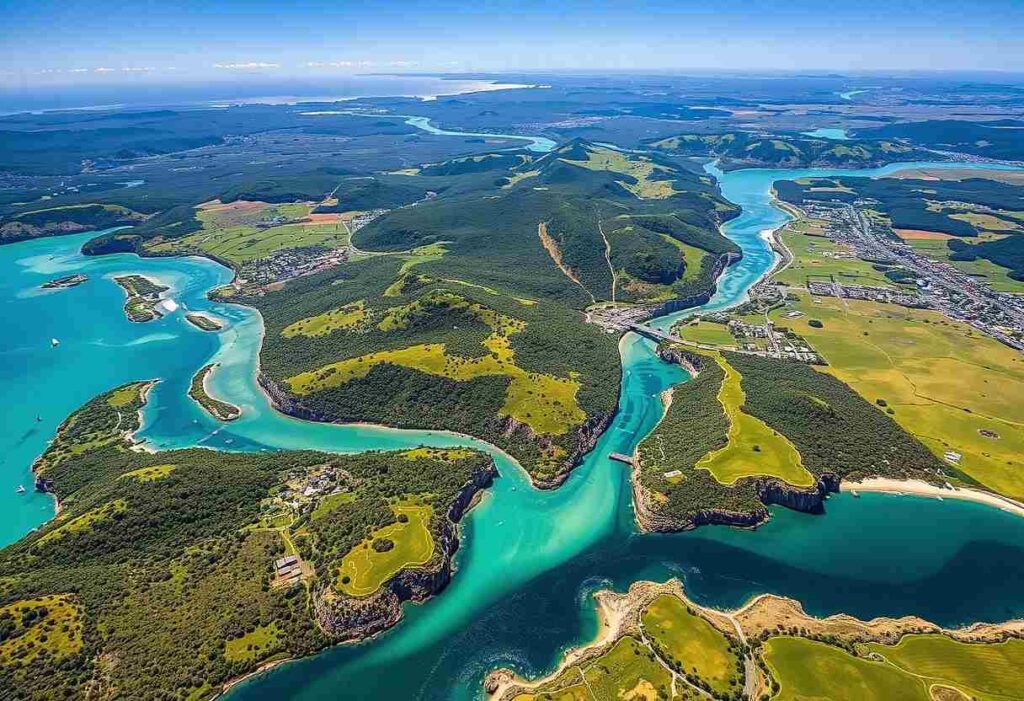 Aerial view of a winding turquoise river cutting through green peninsulas and rocky coastlines on a sunny day.