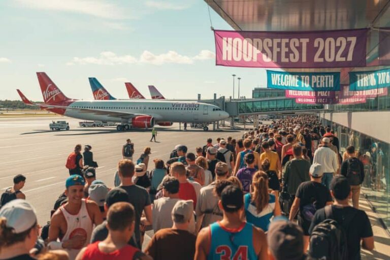 Crowd of fans queuing at an airport terminal for Hoopfest 2027, with Virgin Australia airplanes on the tarmac in the background and Perth banners above.