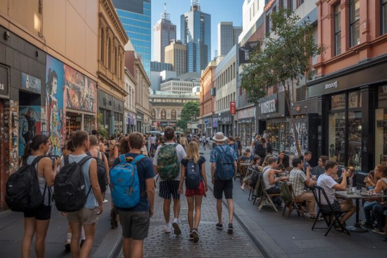 Busy urban street with pedestrians walking along a cobblestone path, outdoor cafes on the right, and tall modern buildings in the background.