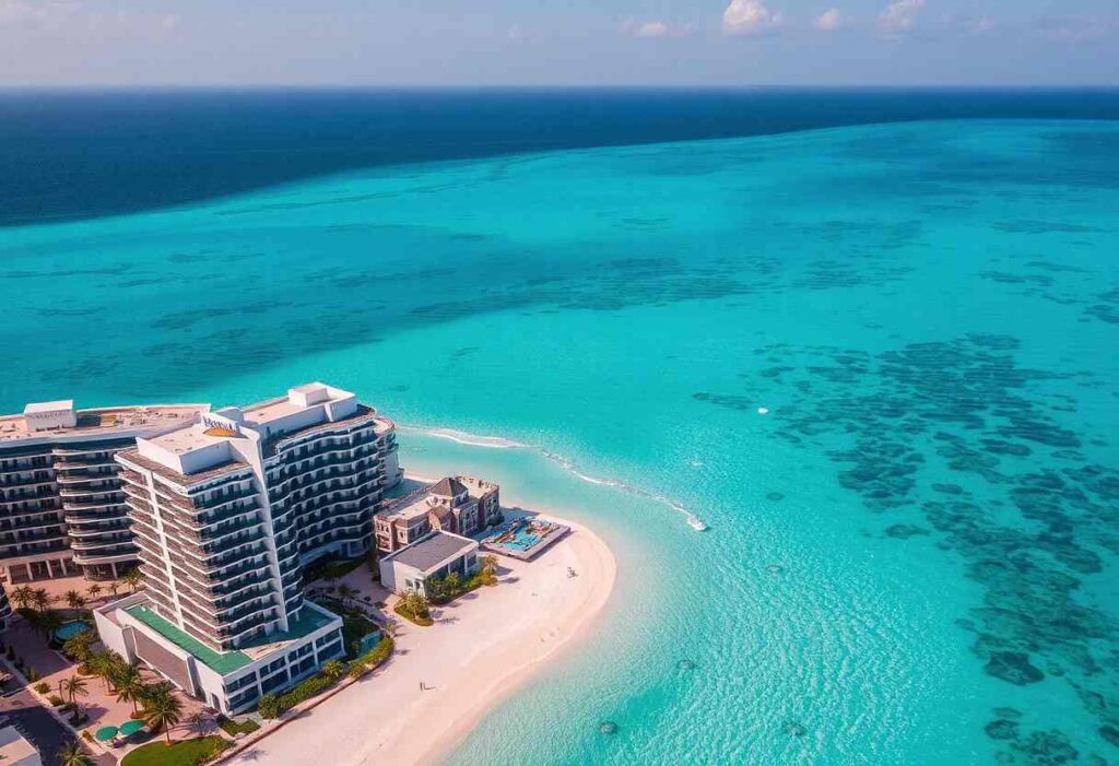 Aerial view of a beachfront resort with white sand and turquoise water nearby.