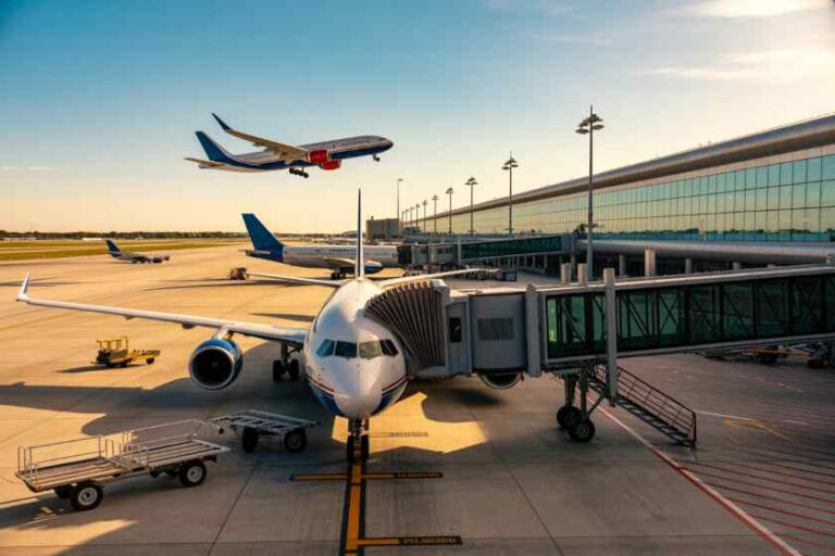 A passenger jet docked at a gate with a jet bridge attached, while another plane takes off in the background at sunset."