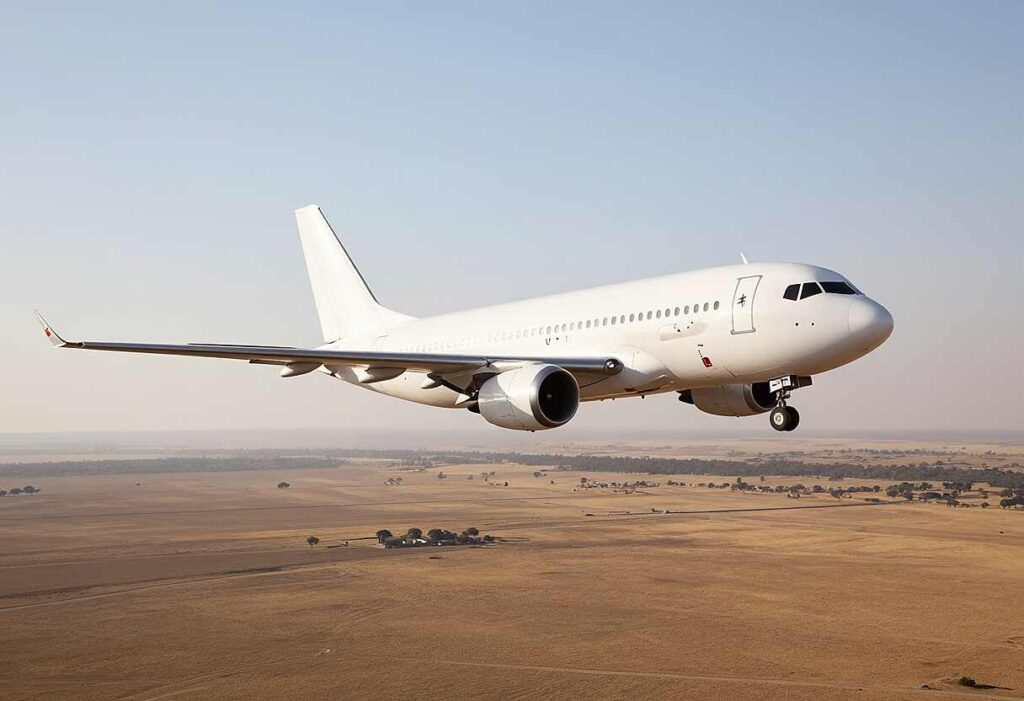 Side view of a white passenger jet flying low over a dry, brown desert landscape with landing gear down.