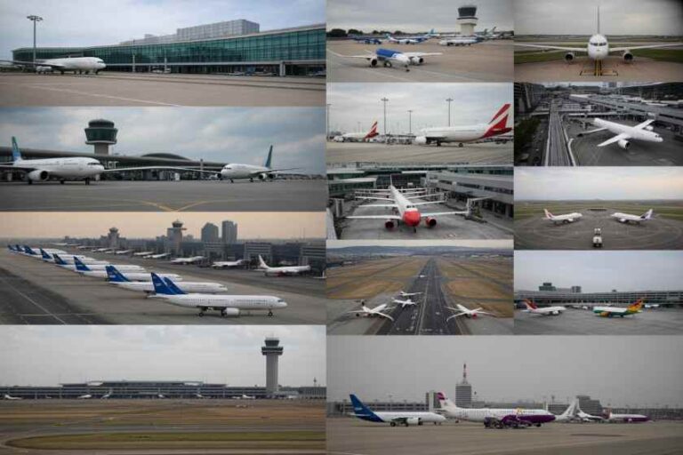 Collage of multiple airplanes at different airports, with terminals, runways, and a control tower visible.
