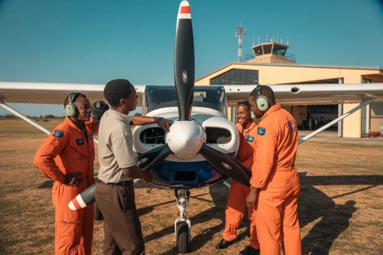 Ground crew in orange jumpsuits with headsets inspect a small propeller plane on a sunny airfield.