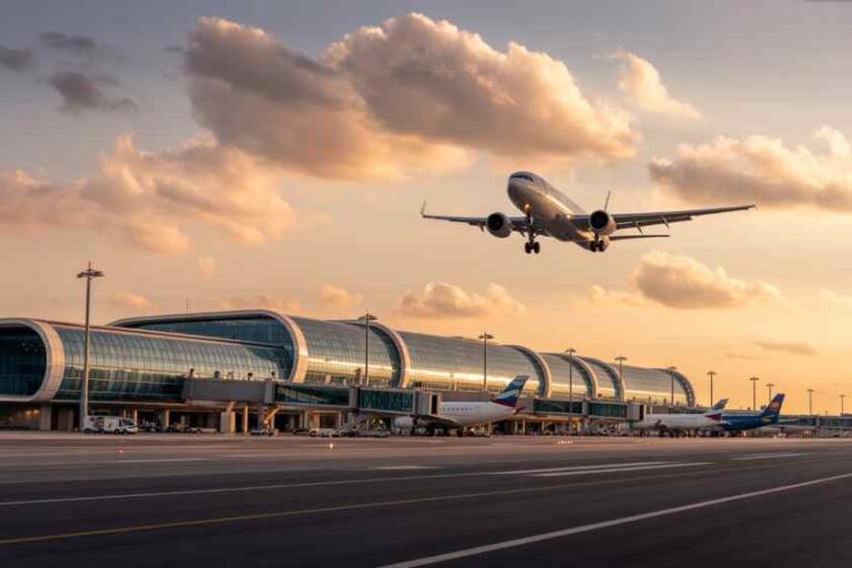Airplane descending toward a runway at a modern terminal during sunset with jetliners at gates nearby.