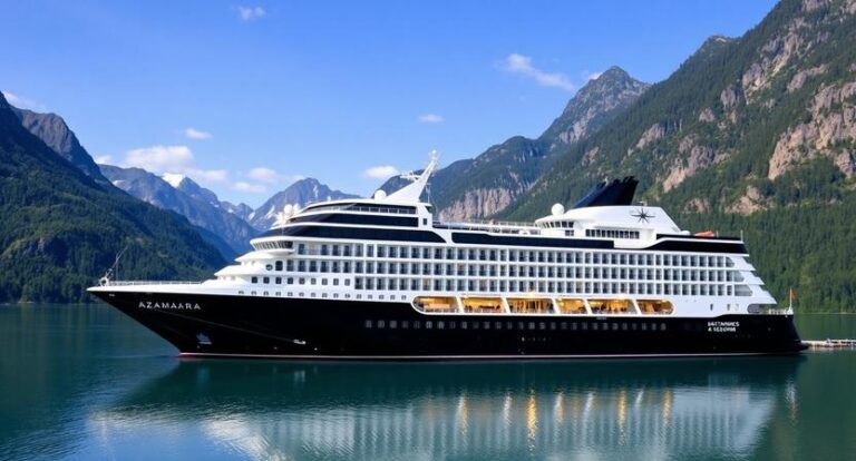 Large white and black cruise ship Azamara anchored in a calm fjord with green mountains and blue sky in the background