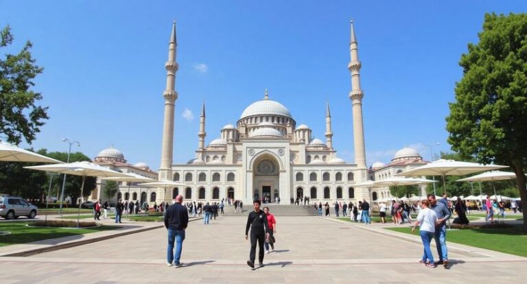 White mosque with four minarets and a central dome, people walking on a wide courtyard under a blue sky.