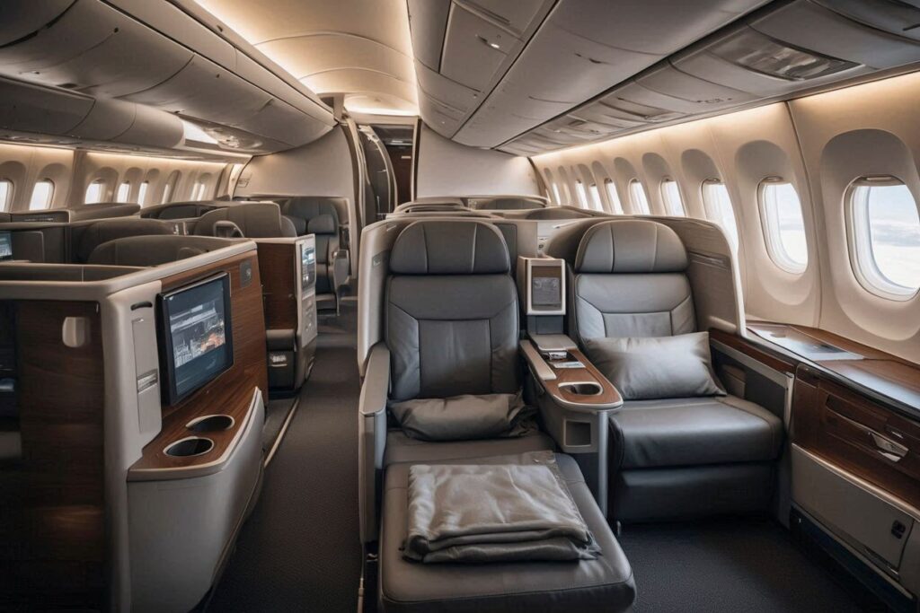 Luxurious business-class cabin with gray leather seats, a footrest and personal screens on wood-grain consoles.