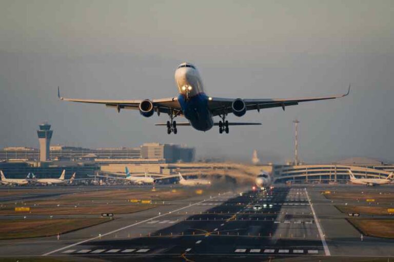 Commercial jet lifting off from a runway at a busy airport, with terminal buildings in the background.