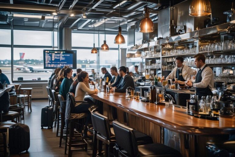 Crowded airport lounge bar with travelers seated along a long wooden counter while bartenders prepare drinks nearby, planes visible outside the windows.