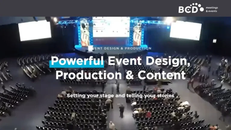 Promotional hero banner from an event venue: stage lighting, large screens, and the overlay text 'Powerful Event Design, Production & Content' with the BCDO logo top-right.