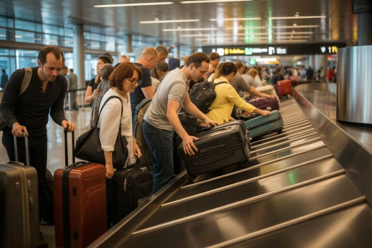 Group of travelers with rolling suitcases lined up at an airport baggage conveyor belt in a busy terminal.