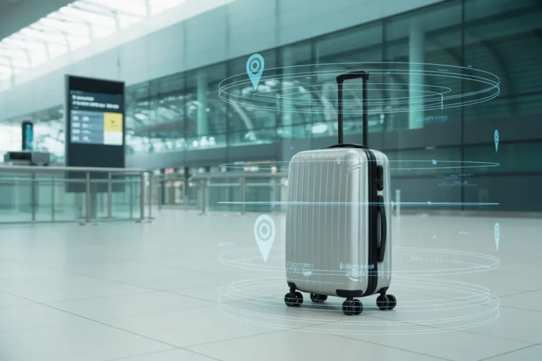 Silver hard-shell suitcase with extended handle sits in a bright airport, framed by translucent location rings indicating tracking technology.