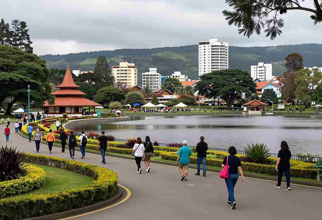 People walk along a curved waterfront path in a city park, with a pond, flowerbeds, and a red pagoda-style pavilion in the background.