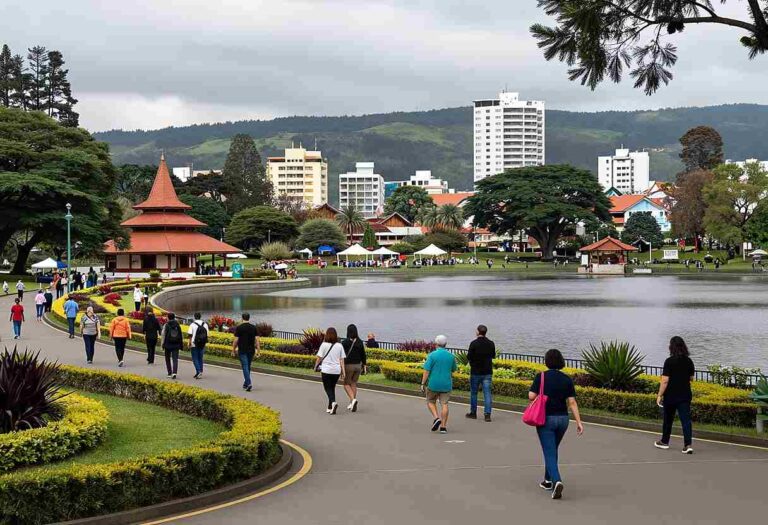 People walk along a curved waterfront path in a city park, with a pond, flowerbeds, and a red pagoda-style pavilion in the background.