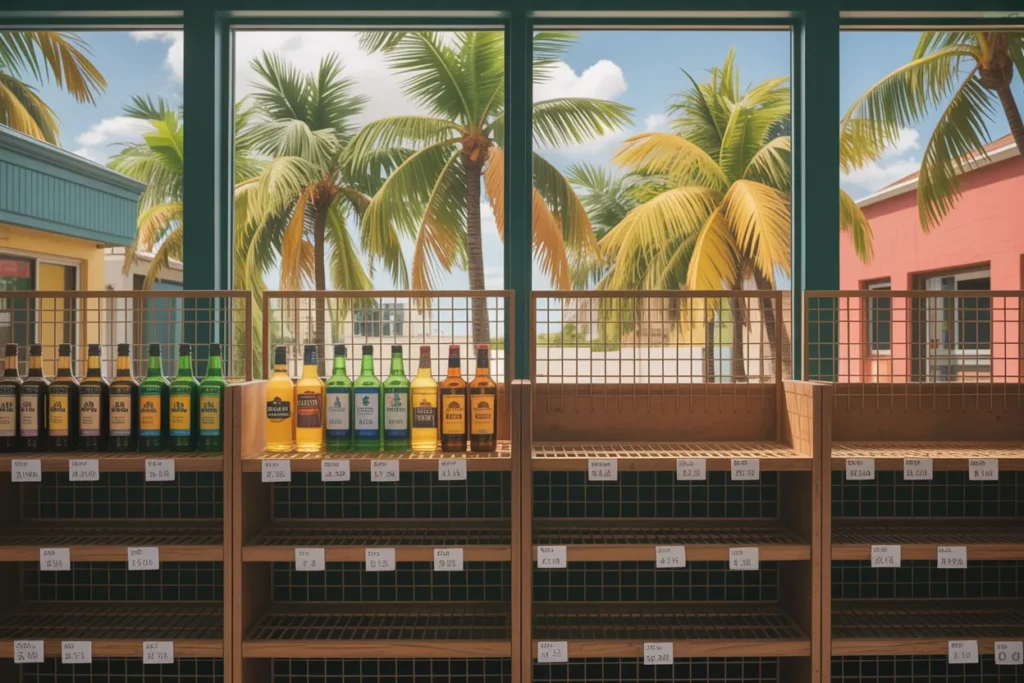 Shelves with assorted liquor bottles lined up, sunlight streaming through large windows onto a tropical scene with palm trees outside, blue sky.