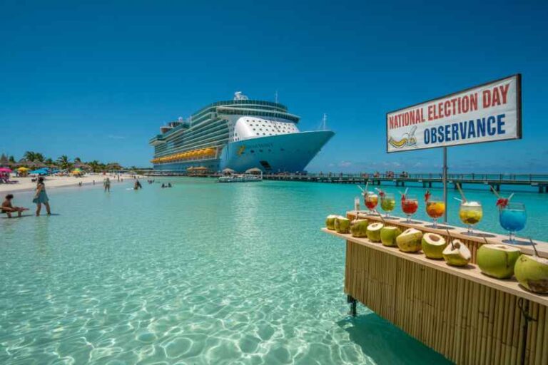 Cruise ship docked near a sunny tropical beach with a drink stand featuring coconuts on the right and a sign reading 'National Election Day Observance'.