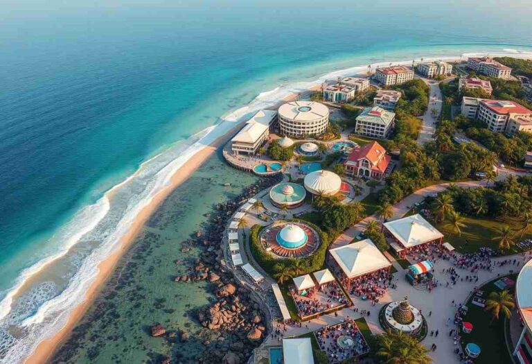 Aerial view of a tropical seaside resort with circular pools, white tents, palm trees, and a sandy beach along turquoise water.
