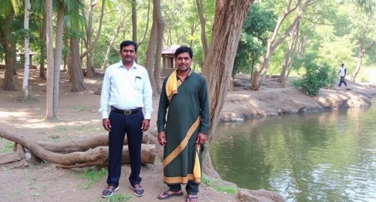 Two men pose by a calm pond in a wooded park; one in a white shirt and dark trousers, the other in a green kurta with yellow trim.