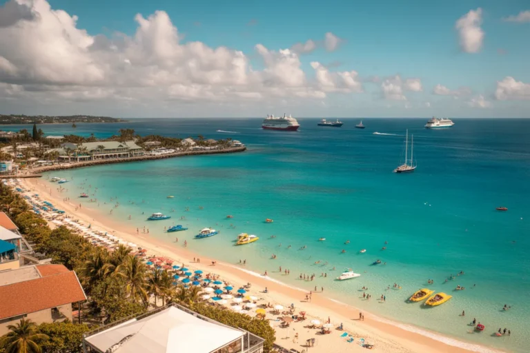 Sun-soaked beach with turquoise water, lounge chairs and umbrellas, and several cruise ships visible offshore.
