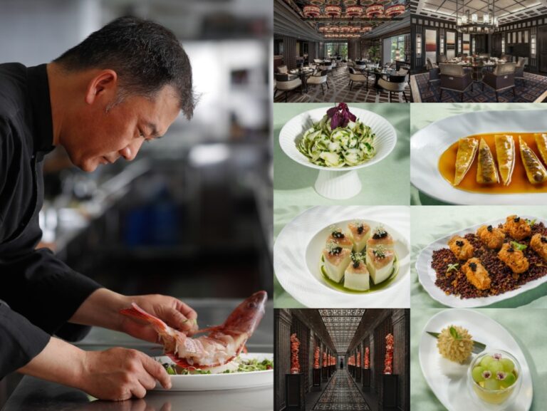 Chef filleting fish for a plated dish in a professional kitchen; collage shows upscale dining rooms and plated gourmet dishes in the background and on the right side.