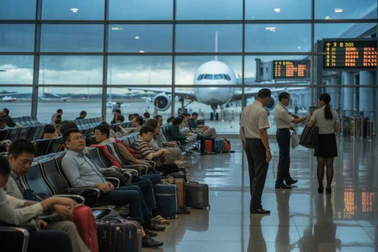 Passengers seated with luggage in a bright airport terminal, a jet is visible at the gate through large glass walls