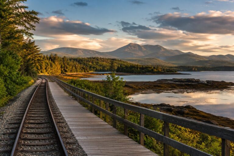 Railway tracks and a wooden boardwalk run along a coastal landscape with mountains in the distance at sunset.