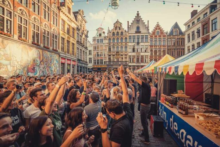 Crowded outdoor festival in a European square with colorful tents, string lights, and people cheering and raising their hands.