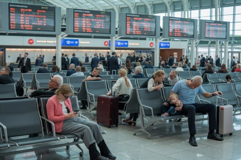 Crowded airport gate area with travelers seated, suitcases, and large flight information screens above.