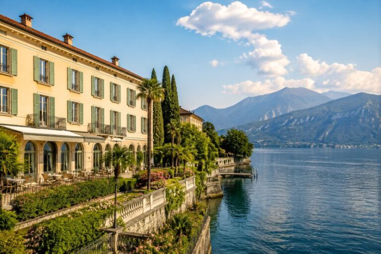 Lakeside hotel with pale yellow facade and green shutters along a terrace overlooking a calm blue lake, mountains in the distance.