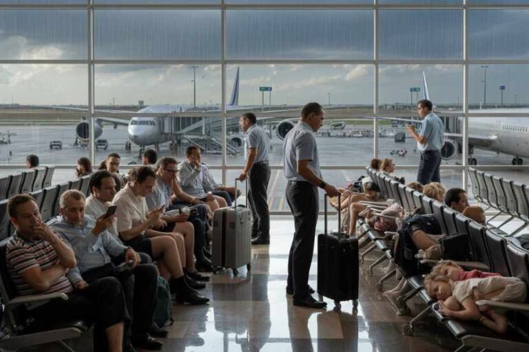 Passengers wait in a busy airport departure lounge, jet planes visible through large windows outside the gate.