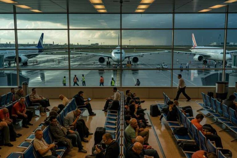 People wait in a crowded airport gate area, with large windows showing airplanes on the tarmac outside.