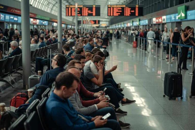 Crowded airport departure hall with passengers seated in rows, many looking at their phones, suitcases nearby, and a large digital flight information board overhead.