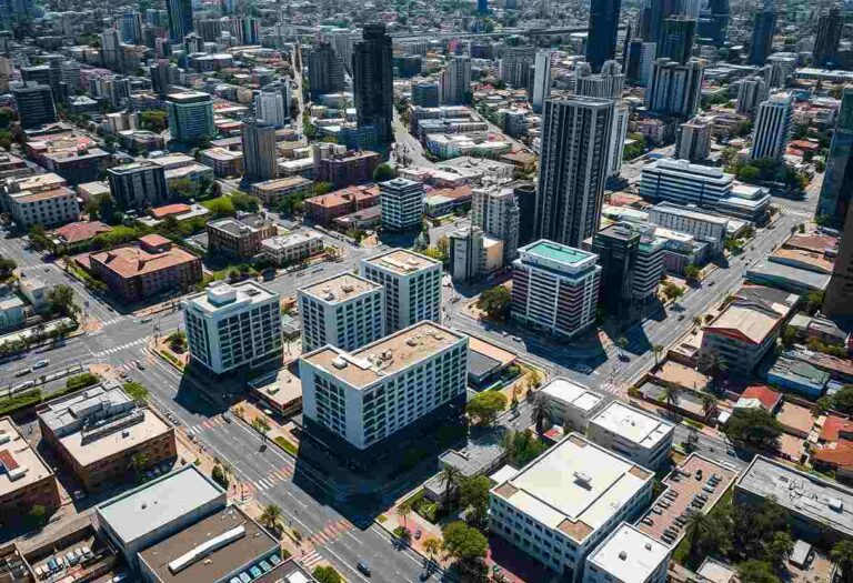 Aerial view of a dense city grid with tall modern buildings, mid-rise blocks and tree-lined streets.