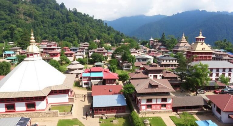 Hillside Buddhist temple complex with red-and-white buildings and tiered roofs, surrounded by trees and distant mountains.
