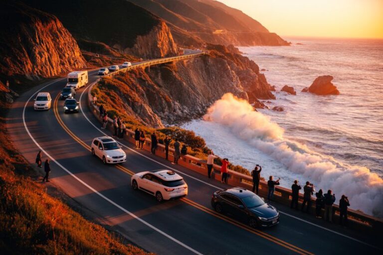 Sunset on a winding coastal highway with cars and onlookers watching waves crash against rocky shoreline below the cliffs.