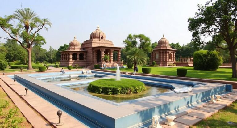 Stone temple complex with domed pavilions, a central fountain pool, and manicured gardens in a sunny park setting.