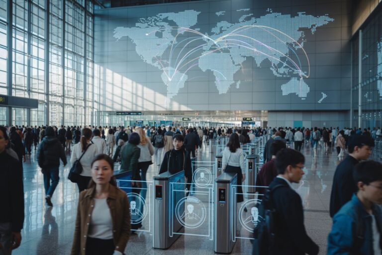 Busy airport terminal with travelers at automated security gates beneath a glowing world map mural.