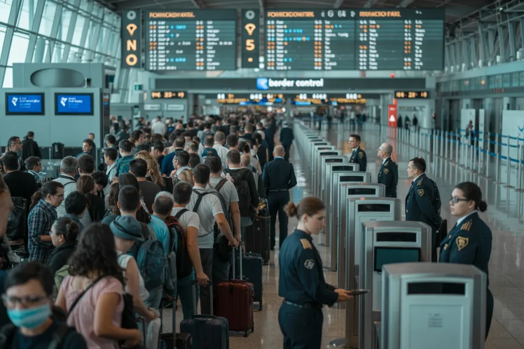 Crowded airport security checkpoint with travelers queuing and uniformed officers at the gates of the line corridor.