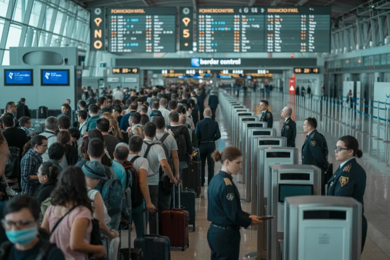 Crowded airport security checkpoint with travelers queuing and uniformed officers at the gates of the line corridor.