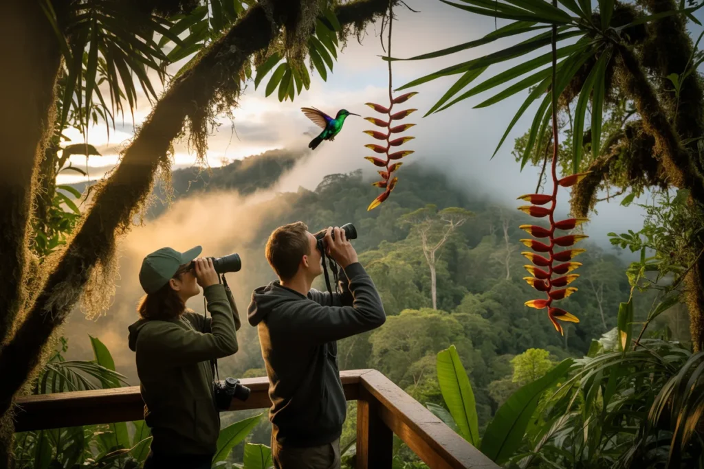 Two people on a wooden balcony in a dense rainforest using binoculars to observe wildlife among hanging tropical flowers and vines.