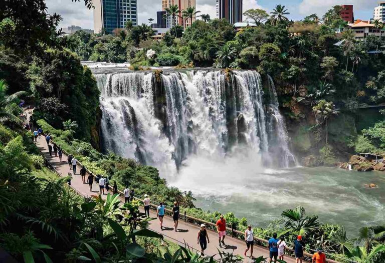 Tourists walk along a riverside path beside a wide cascading waterfall, with mist rising and tropical plants around, city buildings in the background.