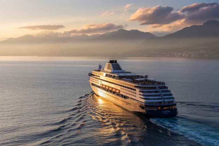 A large cruise ship gliding through calm sea at sunset, with distant mountains and hazy horizon behind it.