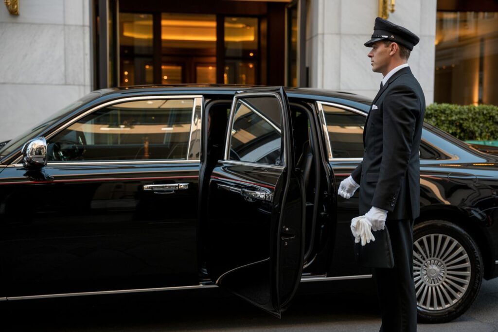 Chauffeur in a peaked cap and white gloves stands beside the open rear door of a black luxury sedan in front of a hotel entrance.