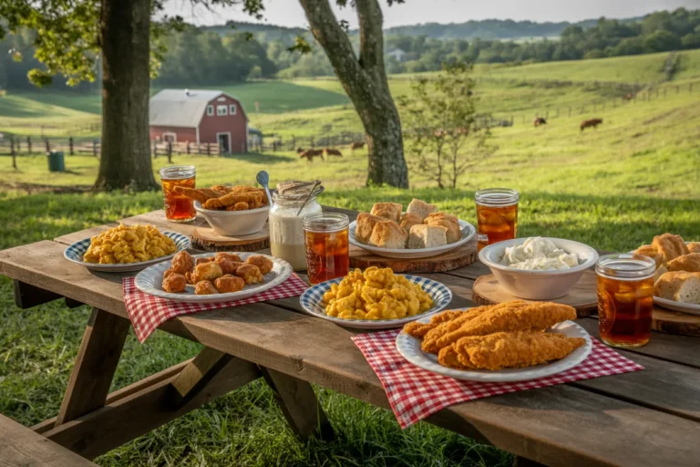 Outdoor farm picnic table with fried chicken, biscuits, macaroni and cheese, mashed potatoes, and iced tea jars; red barn and pasture in distance.