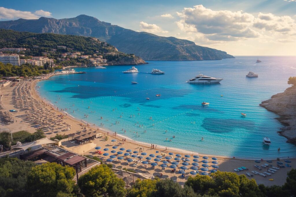 Sunny Mediterranean beach with blue umbrellas and sun loungers, turquoise water, and anchored boats near a rocky coastline.