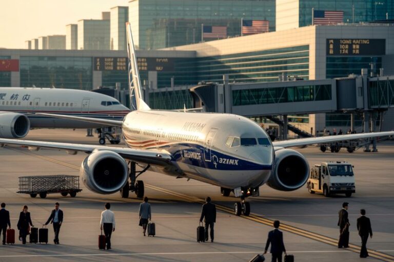 Commercial airplane on the tarmac at an airport, passengers with rolling suitcases walking toward the jet bridge in the background.