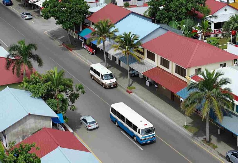 Aerial view of a tropical street with two white-and-blue buses, cars, and colorful storefronts framed by palm trees on both sides.