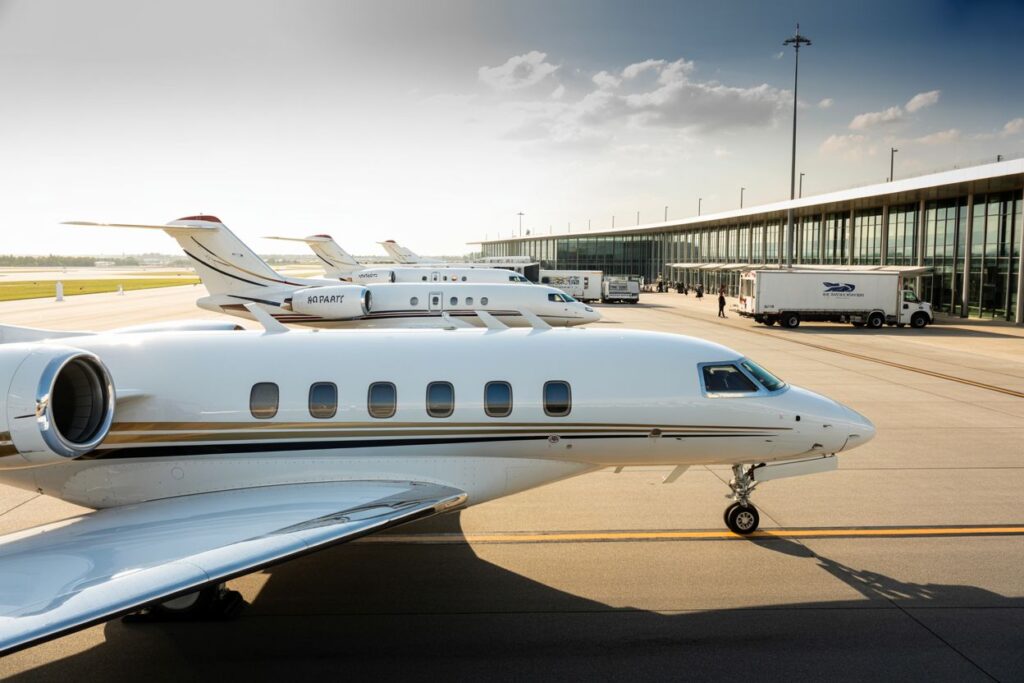 Front section of a white private jet on the tarmac with a modern glass-walled terminal in the background.